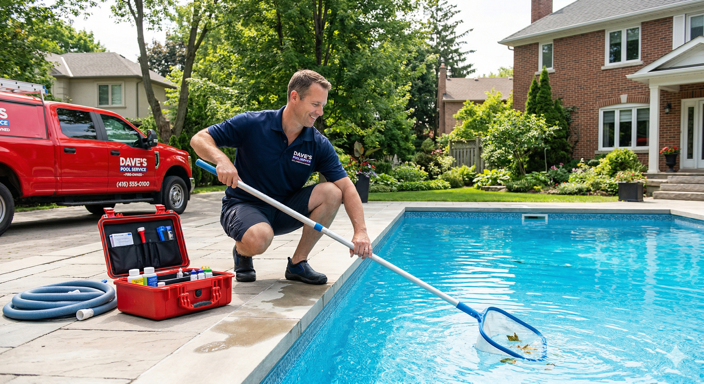 Pool service technician working beside a backyard pool